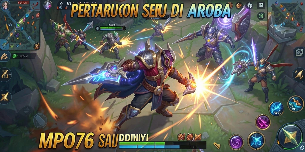 Tampilan gameplay seru dalam pertarungan MOBA yang intens.