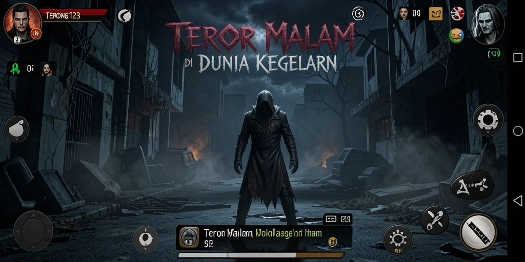 Screenshot menampilkan karakter yang menjelajahi tempat gelap dan menakutkan.