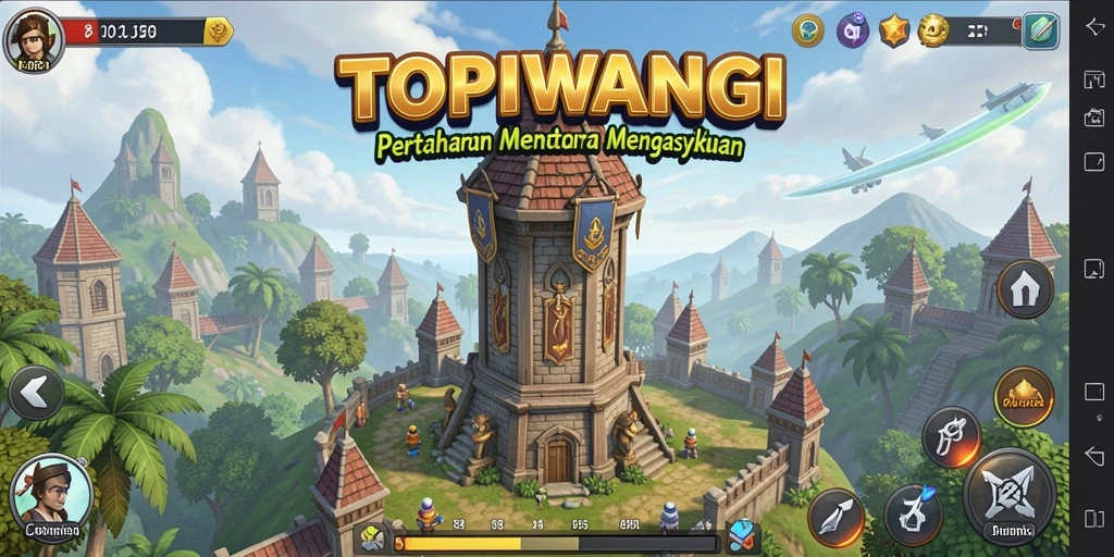 Screenshot gameplay <strong>TOPIWANGI</strong> menampilkan menara yang siap menghalau serangan musuh.